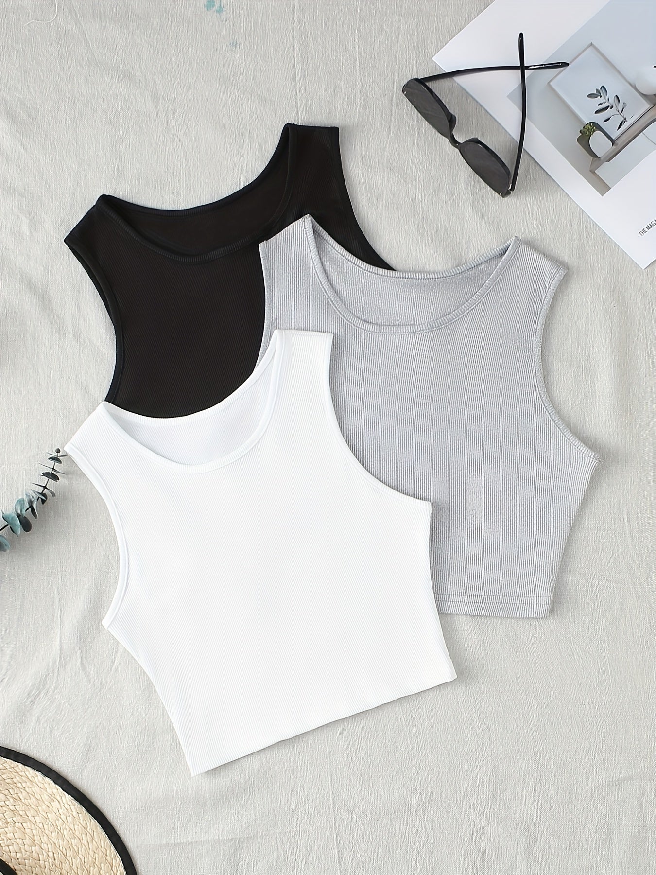 Ribbed Sleeveless Crop Top Round Neck Sports Tank
