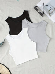 Ribbed Sleeveless Crop Top Round Neck Sports Tank