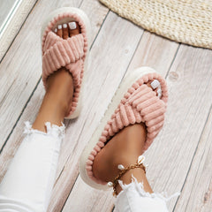Plush Cross Strap Platform Slippers - Comfortable Home Shoes