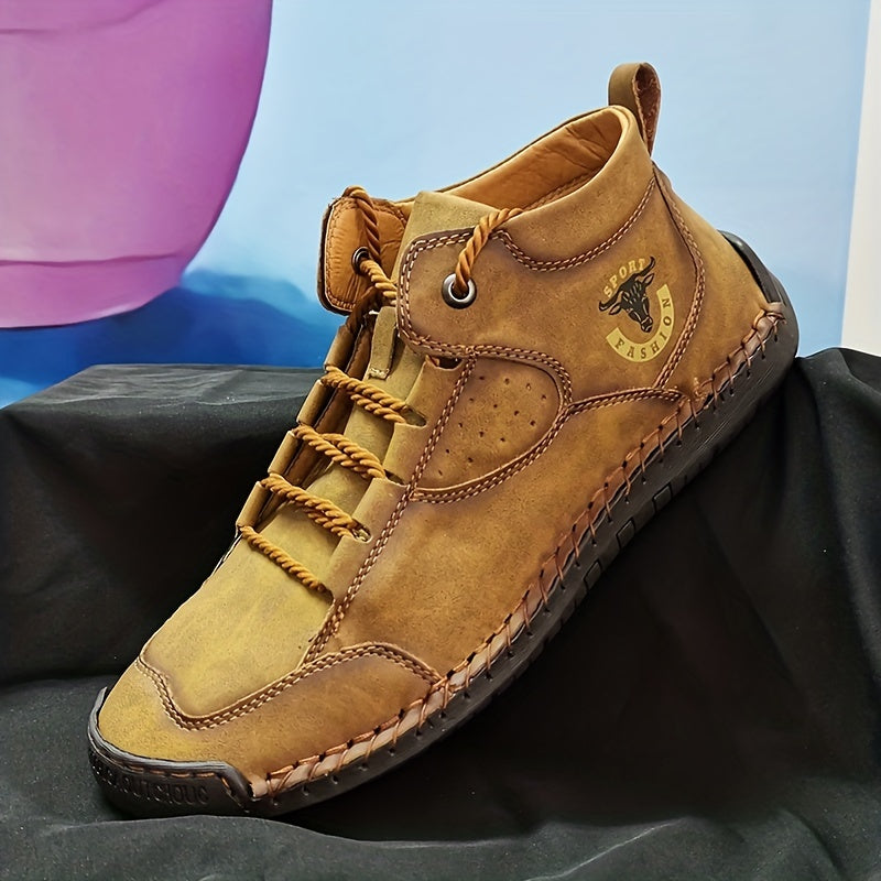 Men Leather Stitch Ankle Boots Non Slip Walking Sneakers