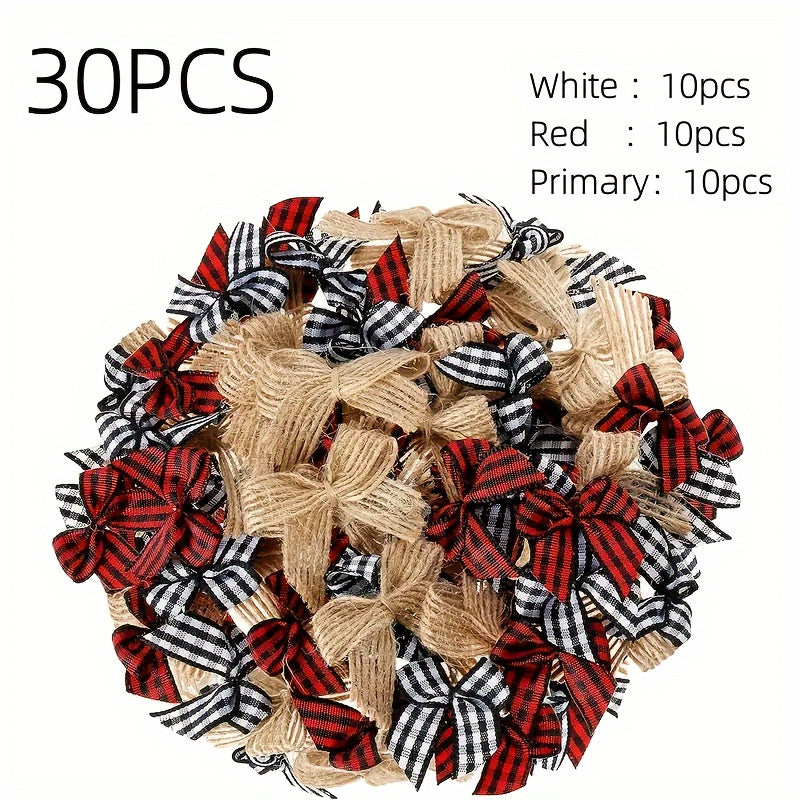 30pcs Mini Burlap & Red Checkered Ribbon Bow Party Christmas Tree Home Decor