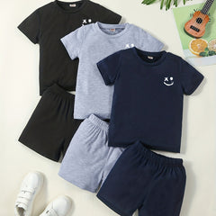 3pc Boys Short Sleeve T shirt & Shorts 2pc Smile Print Casual Kids Clothes