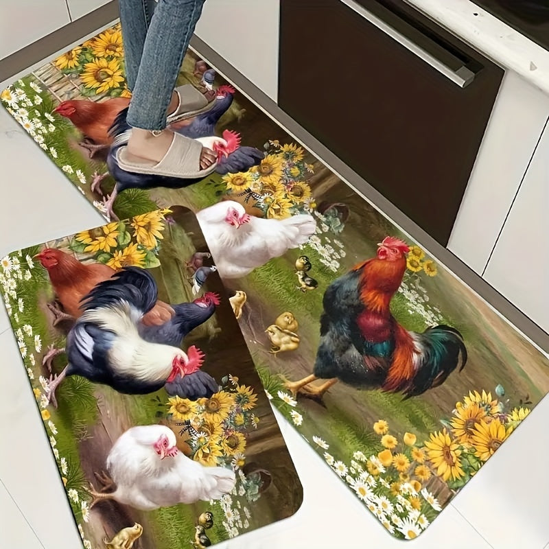 Rustic Rooster Kitchen Rug Soft Anti Fatigue Comfortable Mat