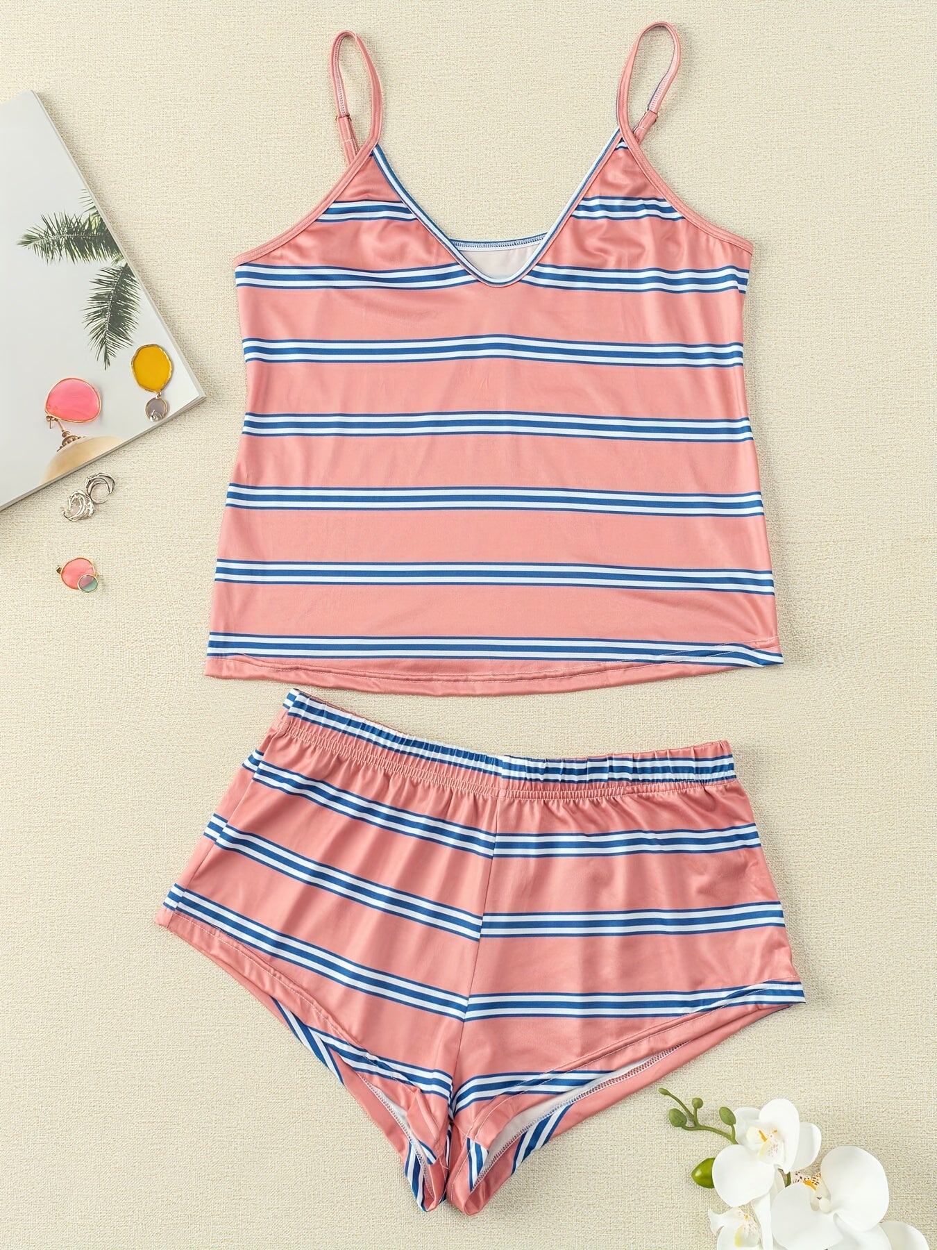 Stripe Print Pajama Set Cami Top & Shorts