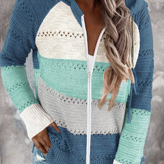 Zip Up Knit Cardigan Hollow Hooded Sweater