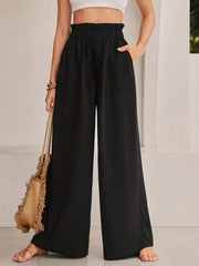 Solid Wide Leg Pants Paper Bag Waist Casual Pants