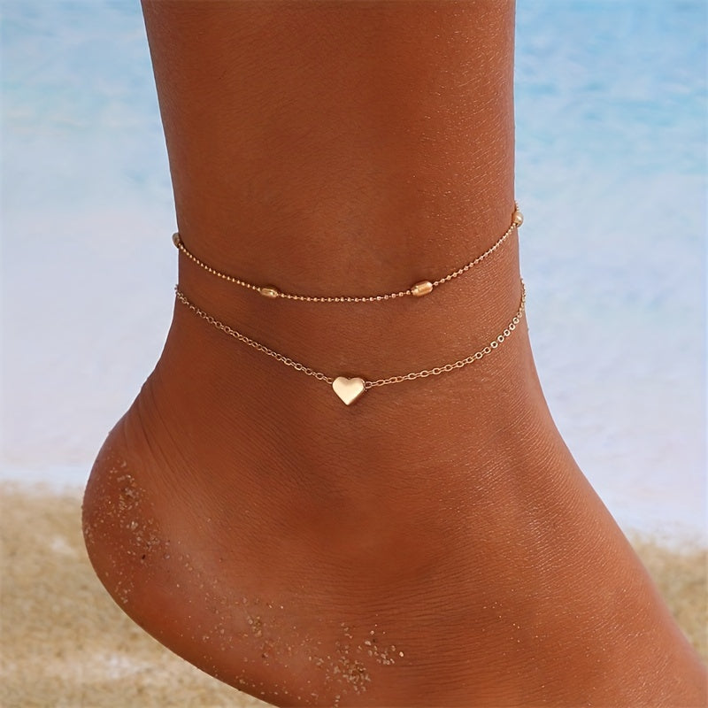 Love Heart Chain Anklet Double Layers Bracelet Women Girls