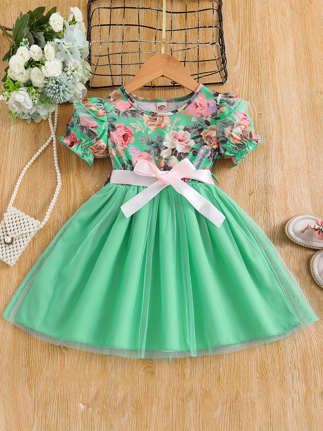 Toddler Girls Floral Princess Dress with Ruffle Trim and Belt