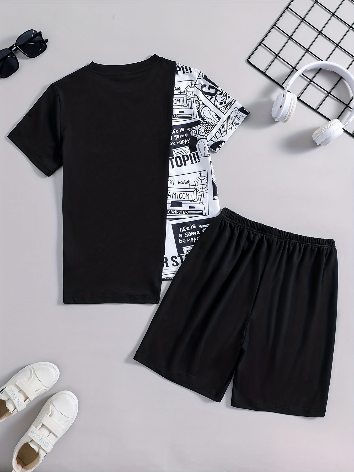 Boys Summer Casual Letter Spliced Outfit Short Sleeve Top & Shorts Set