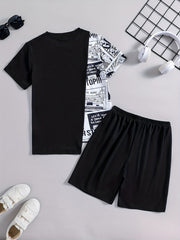 Boys Summer Casual Letter Spliced Outfit Short Sleeve Top & Shorts Set