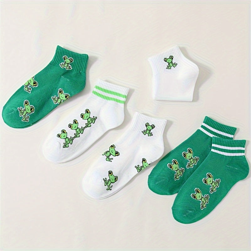 10 Pairs Cartoon Frog Print Socks - Women's Comfy Short Stockings