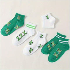 10 Pairs Cartoon Frog Print Socks - Women's Comfy Short Stockings