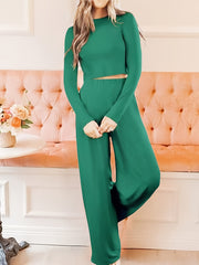 Solid Long Sleeve Round Neck Crop Top & Wide Leg Pants Set