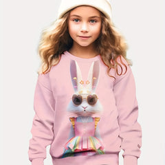 Girls Bunny Girl Graphic Sweatshirt Crew Neck Long Sleeve Pullover
