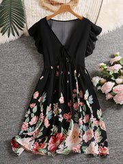 Floral Print Ruffle Sleeve V Neck Knot Mini Dress