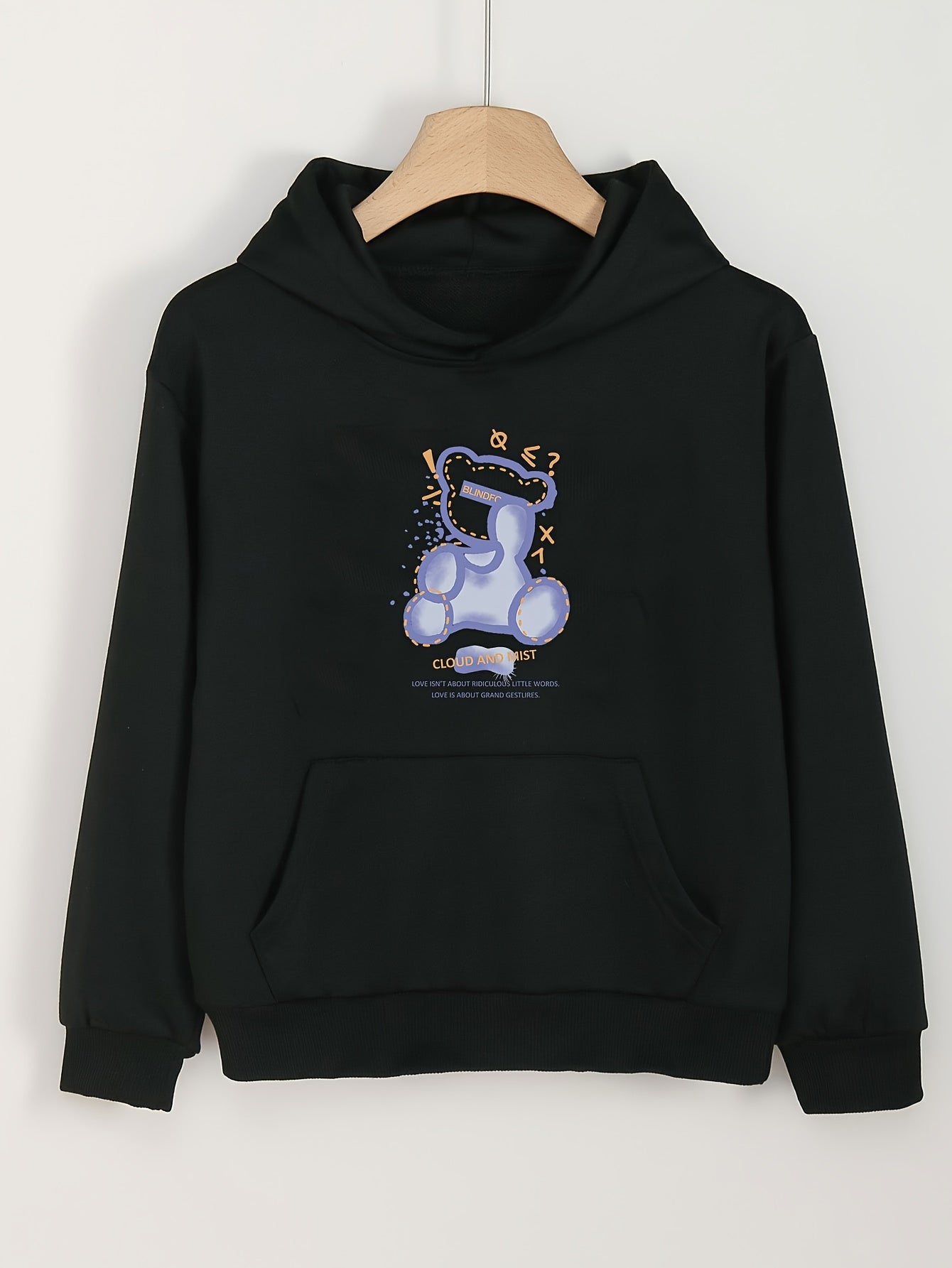 Cartoon Bear Print Hoodies With Pocket Girls Comfy Hooded Pullover