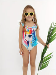 Toddler Girl's Unicorn Pattern Onesie Swimsuit Mesh Ruffle Tankini