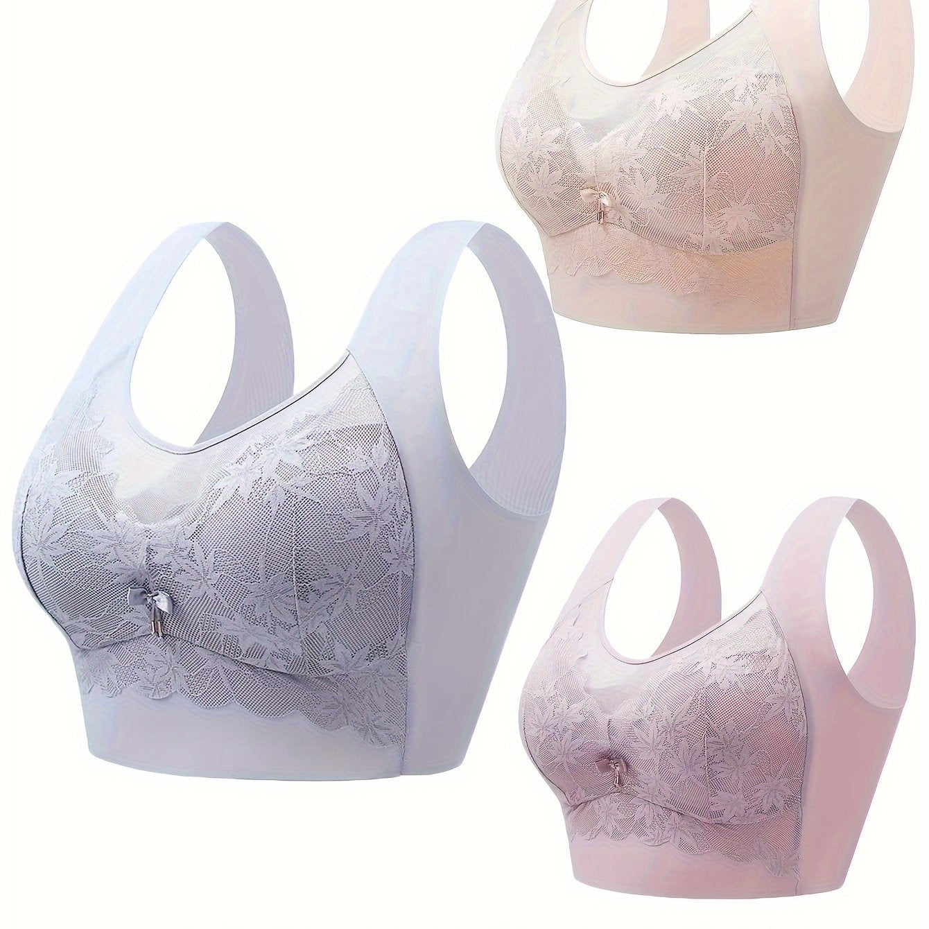 3pcs Lace Wireless Bras Full Coverage Comfortable & Breathable Women's Lingerie