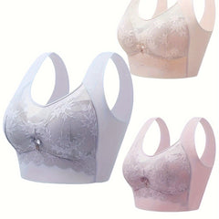 3pcs Lace Wireless Bras Full Coverage Comfortable & Breathable Women's Lingerie