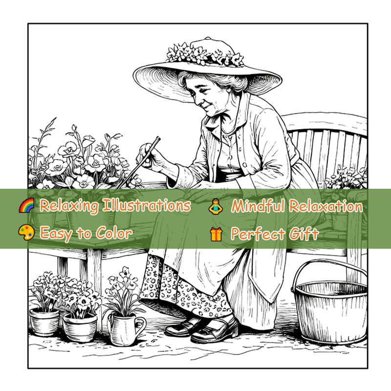 Senior Gardener Coloring Book - Relaxing Scene with Elderly Woman and Flowers