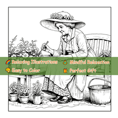 Senior Gardener Coloring Book - Relaxing Scene with Elderly Woman and Flowers