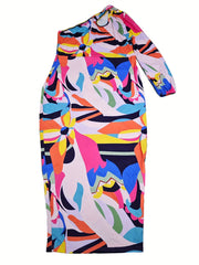 Abstract Print One Shoulder Maxi Dress