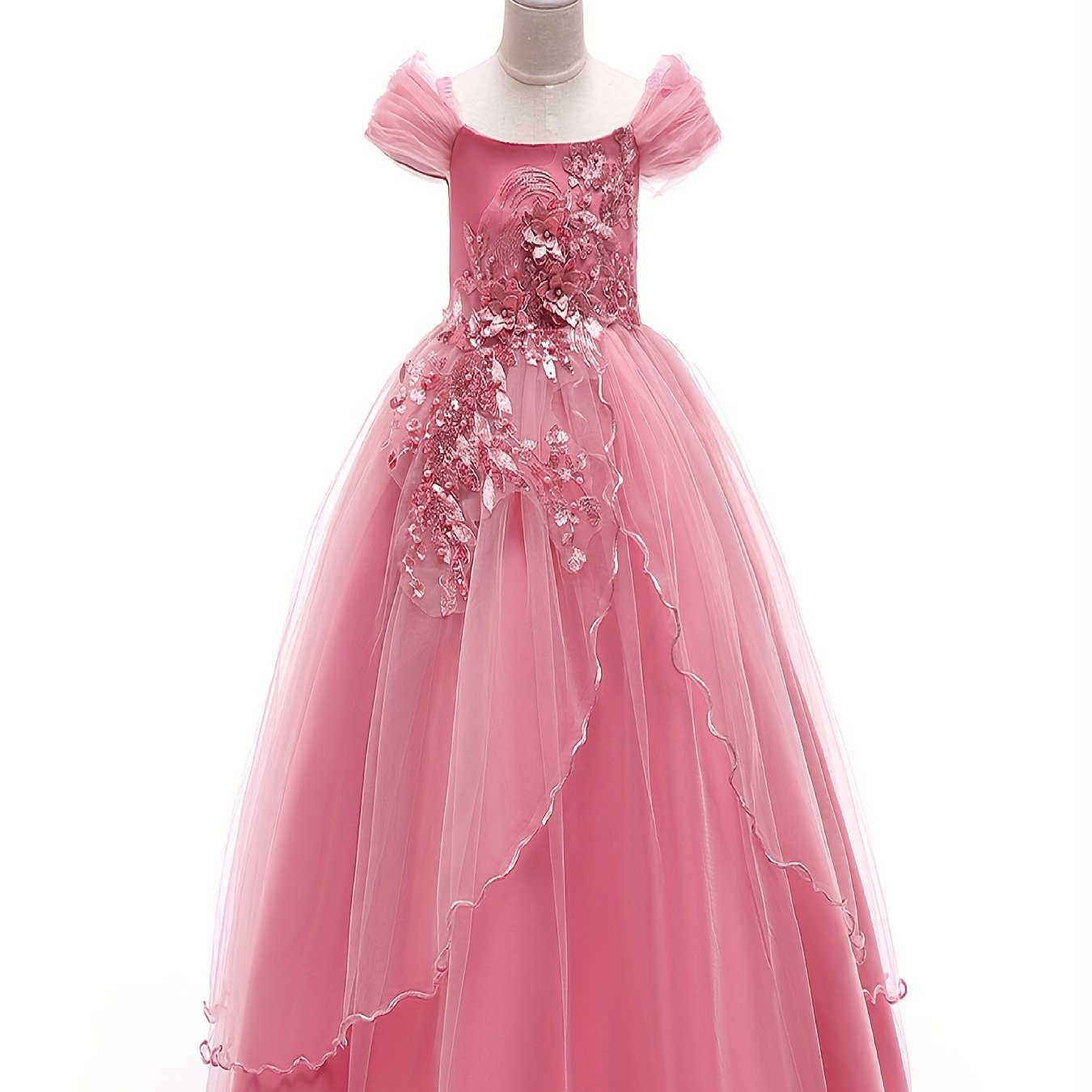 Girls Sequin Flowers Embroidery Mesh Tutu Dress