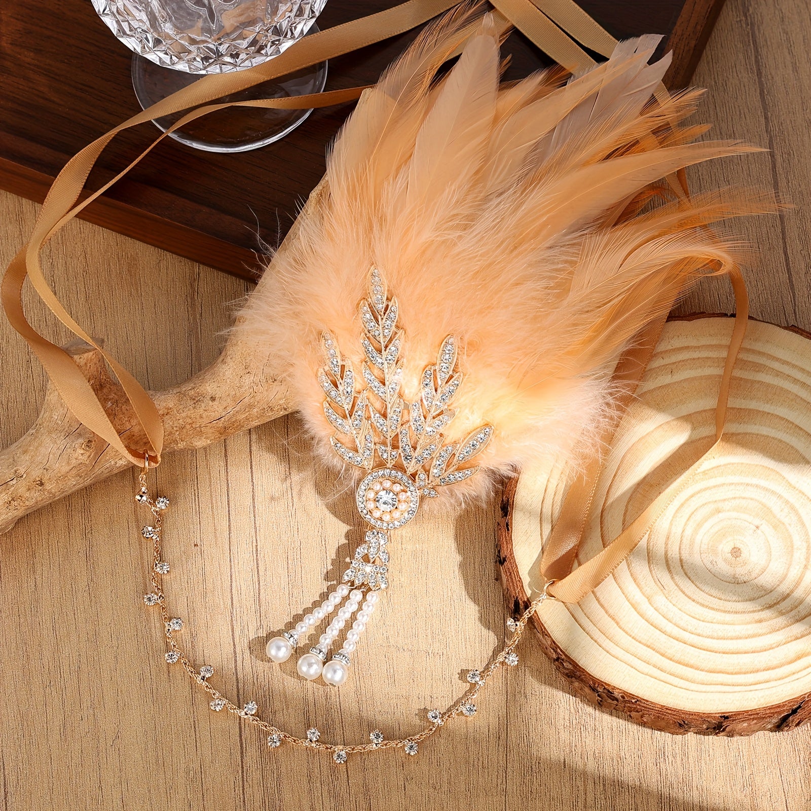 1920s Gatsby Feather Headband with Rhinestones & Pearls