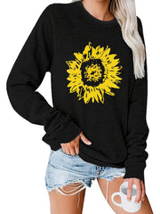 Sunflower Print Crew Neck Pullover Casual Loose Long Sleeve Sweatshirt