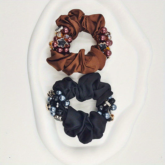 Faux Pearl Double Beaded Scrunchies Hair Tie Hair Rope Satin Ponytail