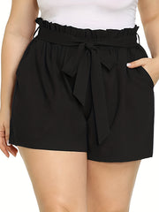 Sporty Shorts Women's Plus High Waist Stretchy Belted Paperbag
