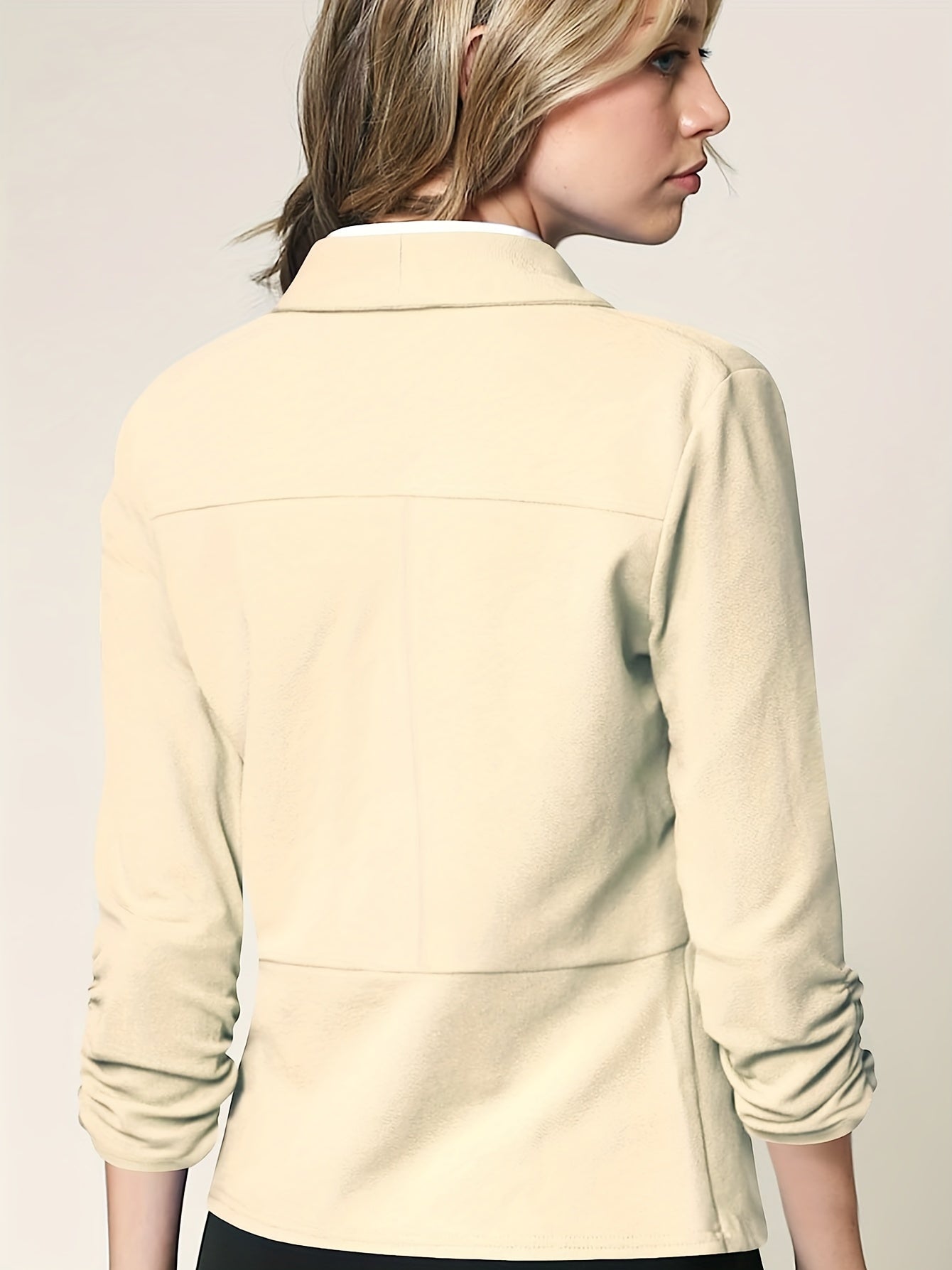 Ruched 3/4 Sleeve Blazer Shawl Collar Open Front