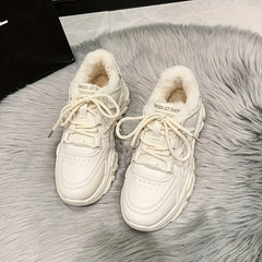 Women's Plush Lined Chunky Sneakers Solid Lace Up Low Top Trainers