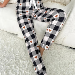 Heart Print Plaid Sleep Bottoms Casual & Comfy Bow Sleep Pants Women's Sleepwear