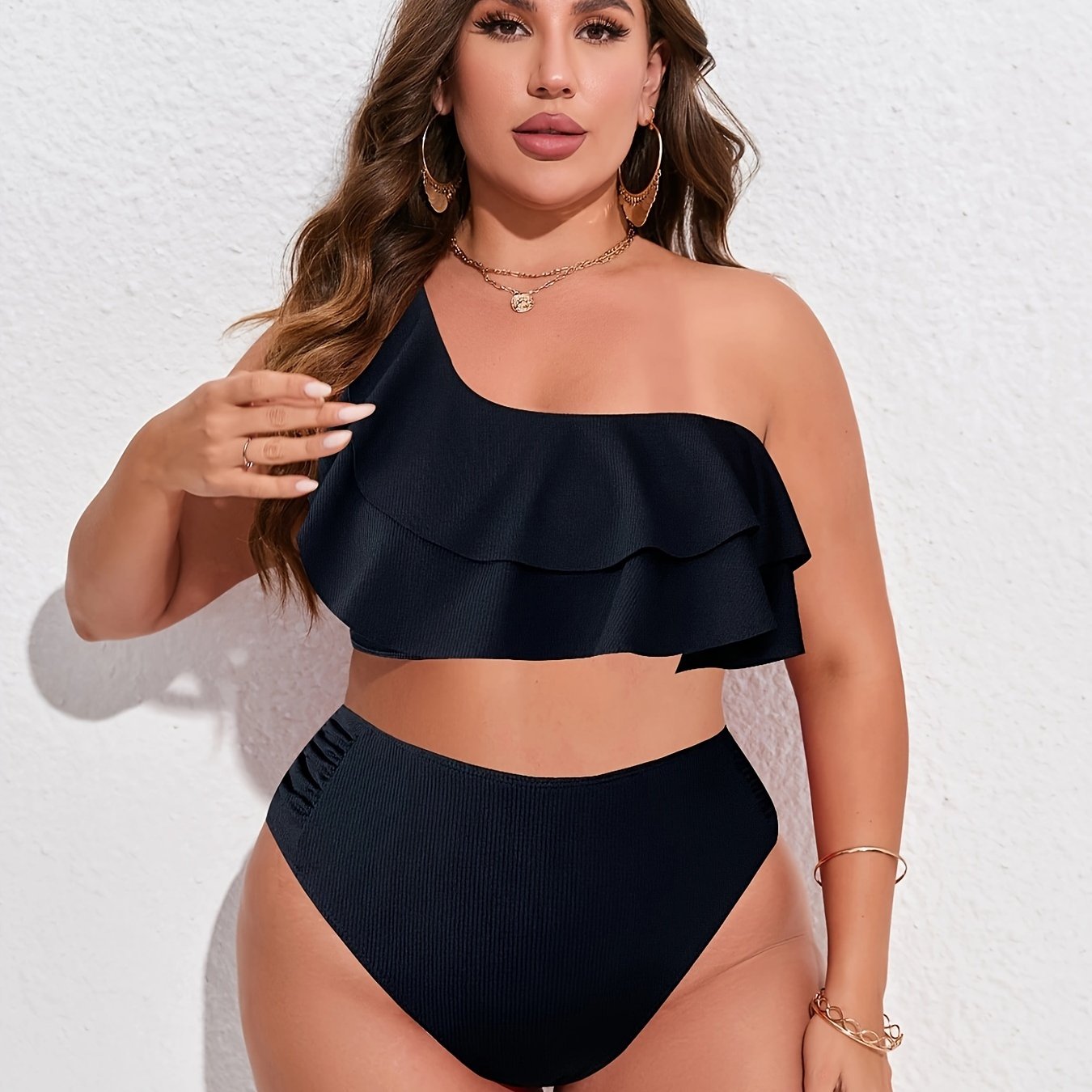 One Shoulder Ruffle Trim Bikini Set