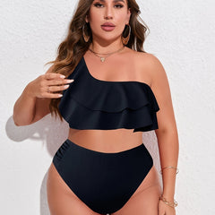 One Shoulder Ruffle Trim Bikini Set