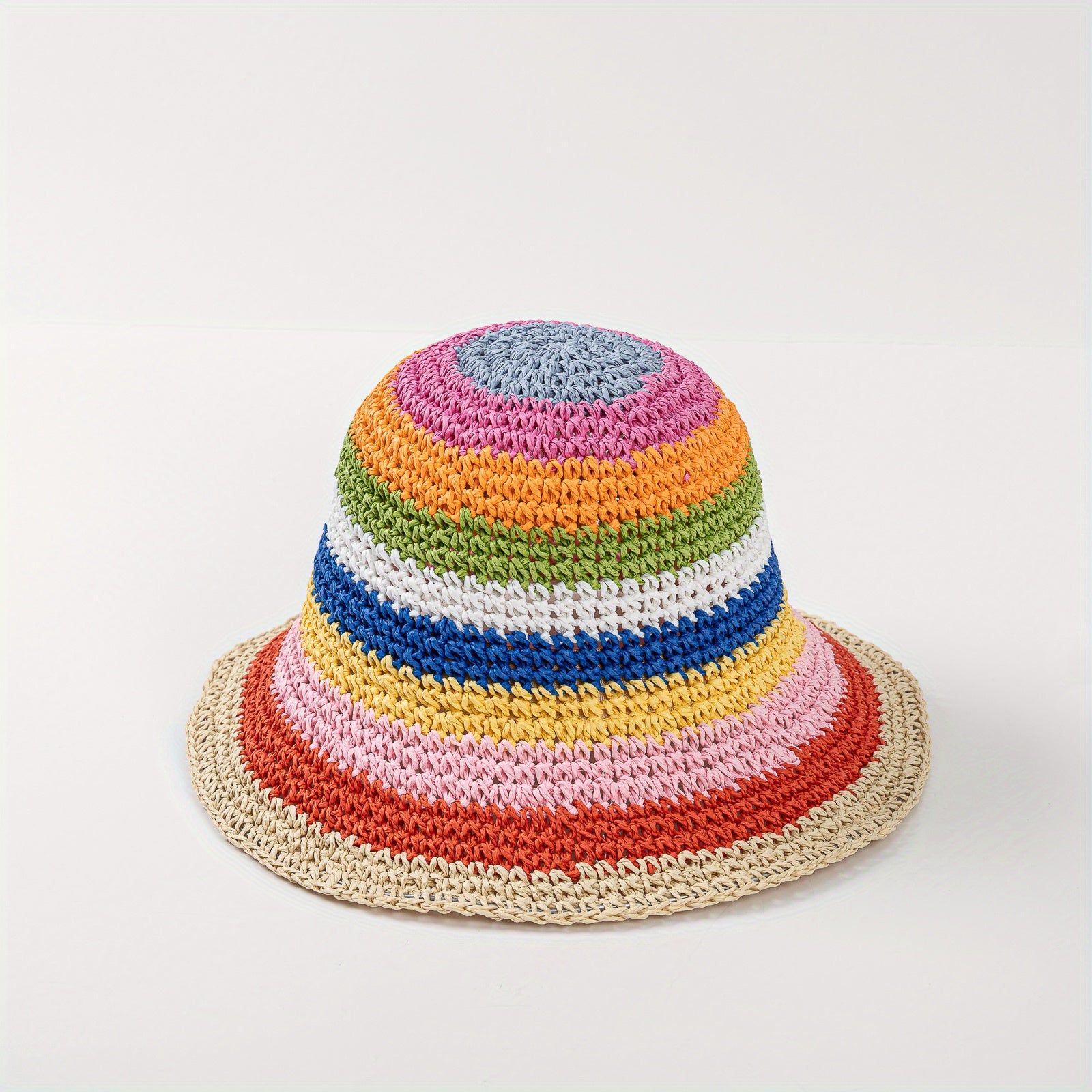 Rainbow Striped Sun Hat Boho Crochet Straw Cloche Hat LGBT Pride Bucket Hat
