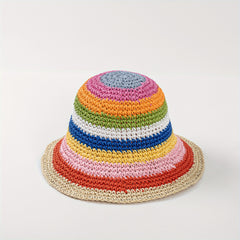 Rainbow Striped Sun Hat Boho Crochet Straw Cloche Hat LGBT Pride Bucket Hat