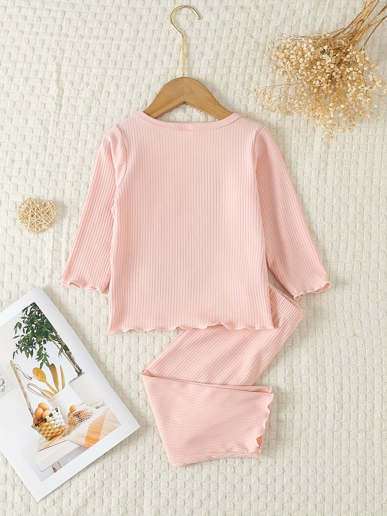 Toddler Pajamas 2pcs Ribbed Top & Pants Set Solid PJ Set Girl's Loungewear