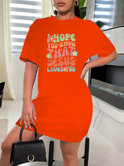 Women's Slogan & Floral Print Short Sleeve Round Neck Dress