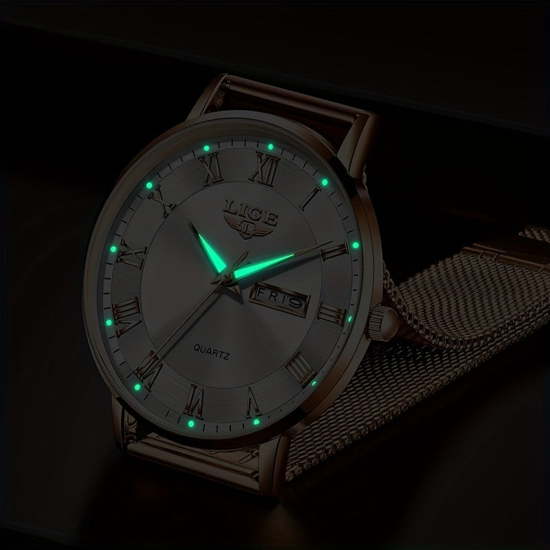 LIGE Rose Gold Ladies Watch Stainless Steel Mesh Bracelet Waterproof Quartz
