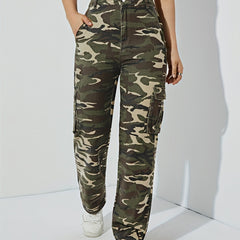 High Waist Wide Leg Denim Pants with Flap Pockets