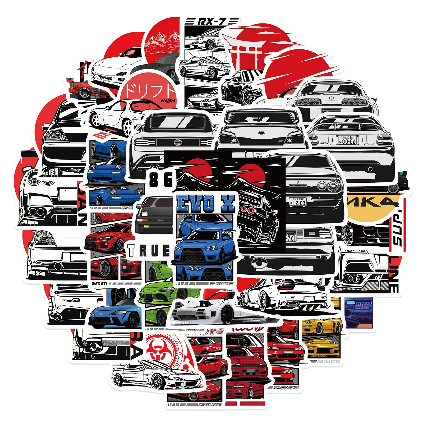 50pcs JDM Cartoon Car Stickers for Water Bottles Laptops Phone Cases