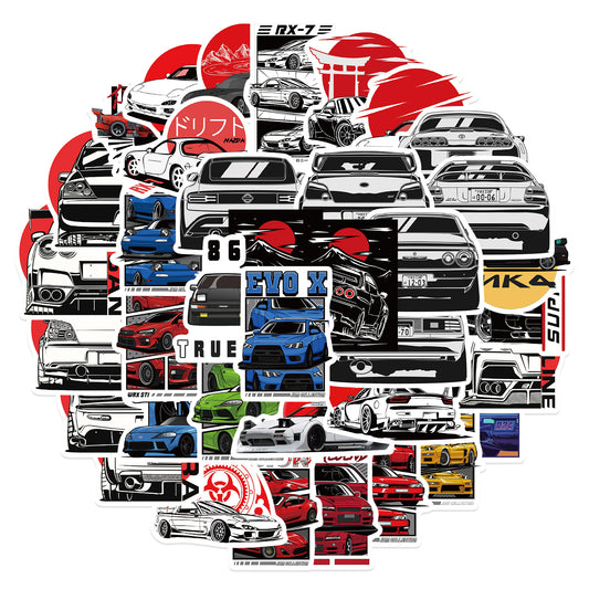 50pcs JDM Cartoon Car Stickers for Water Bottles Laptops Phone Cases