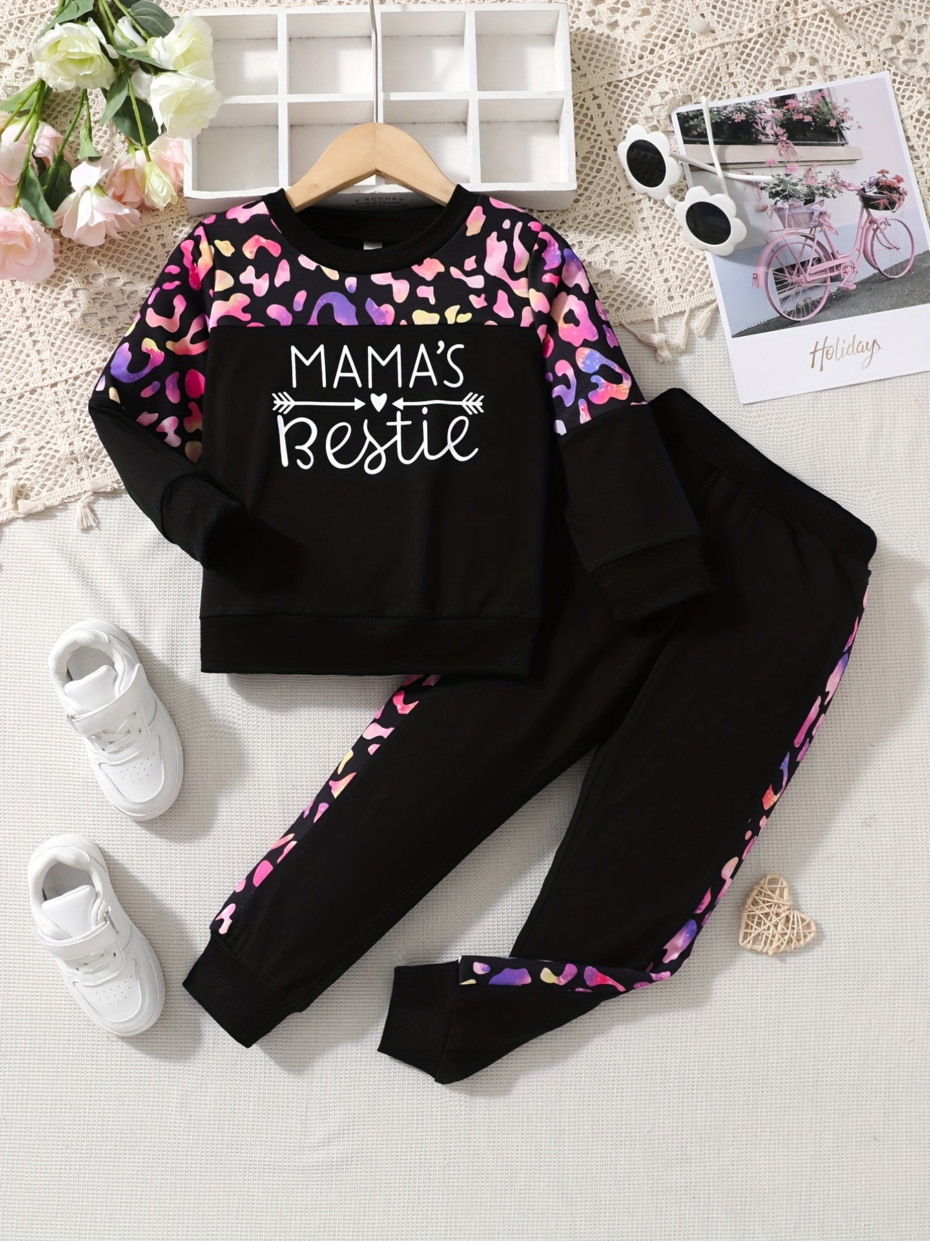 Girls Leopard Patchwork Sweatshirt Pants Set