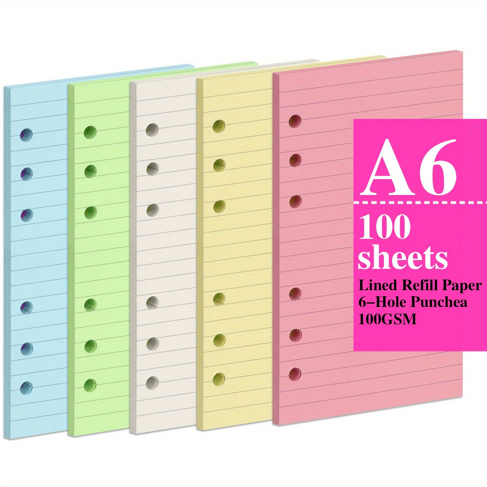 100 Sheets 200 Pages A6 Colorful Refill Paper 5 Colors Thick for 6 Ring Binder