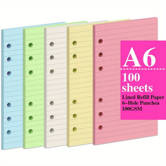 100 Sheets 200 Pages A6 Colorful Refill Paper 5 Colors Thick for 6 Ring Binder
