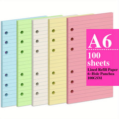 100 Sheets 200 Pages A6 Colorful Refill Paper 5 Colors Thick for 6 Ring Binder