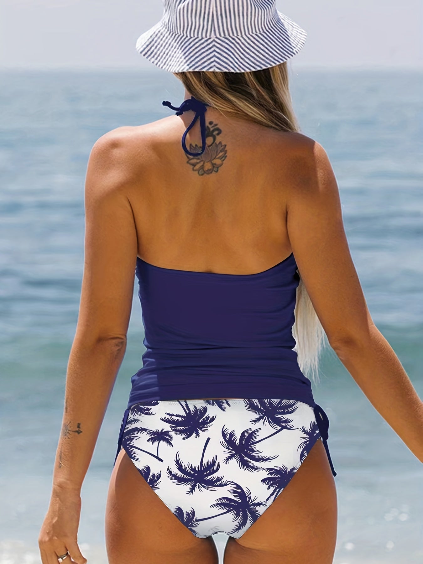 Coconut Tree Print 2 Piece Tankini Swimsuit Navy