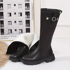 Women's Knee Boots Round Toe Side Zip Plush Lining Chunky Platform Sole